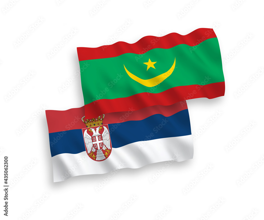 National vector fabric wave flags of Islamic Republic of Mauritania and Serbia isolated on white background. 1 to 2 proportion.