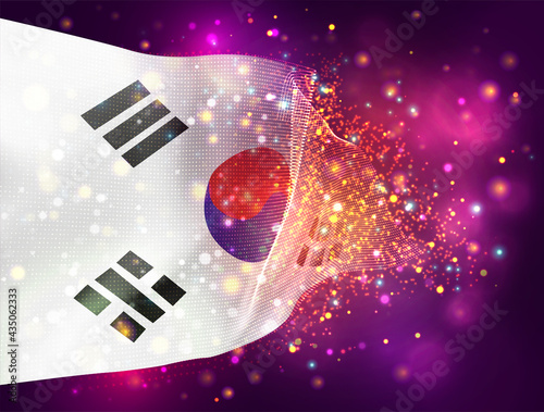 Korea, vector 3d flag on pink purple background with lighting and flares
