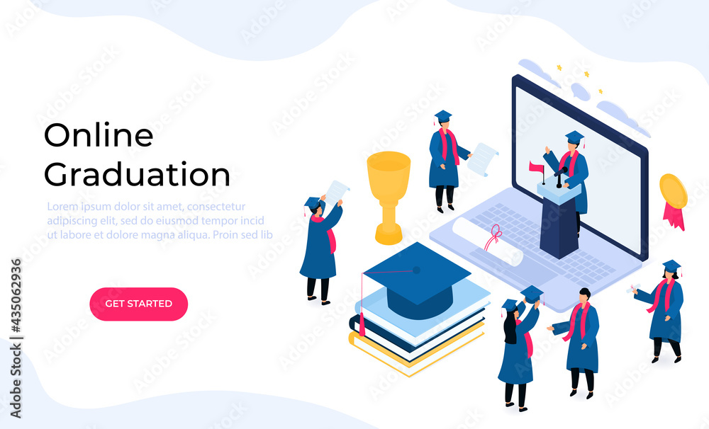 Virtual online graduation ceremony. Tiny isometric graduates in gowns and mortarboards celebrate completion of studies. Class of 2021 Virtual online graduation ceremony. Tiny isometric graduates in gowns and mortarboards celebrate completion of studies. Class of 2021