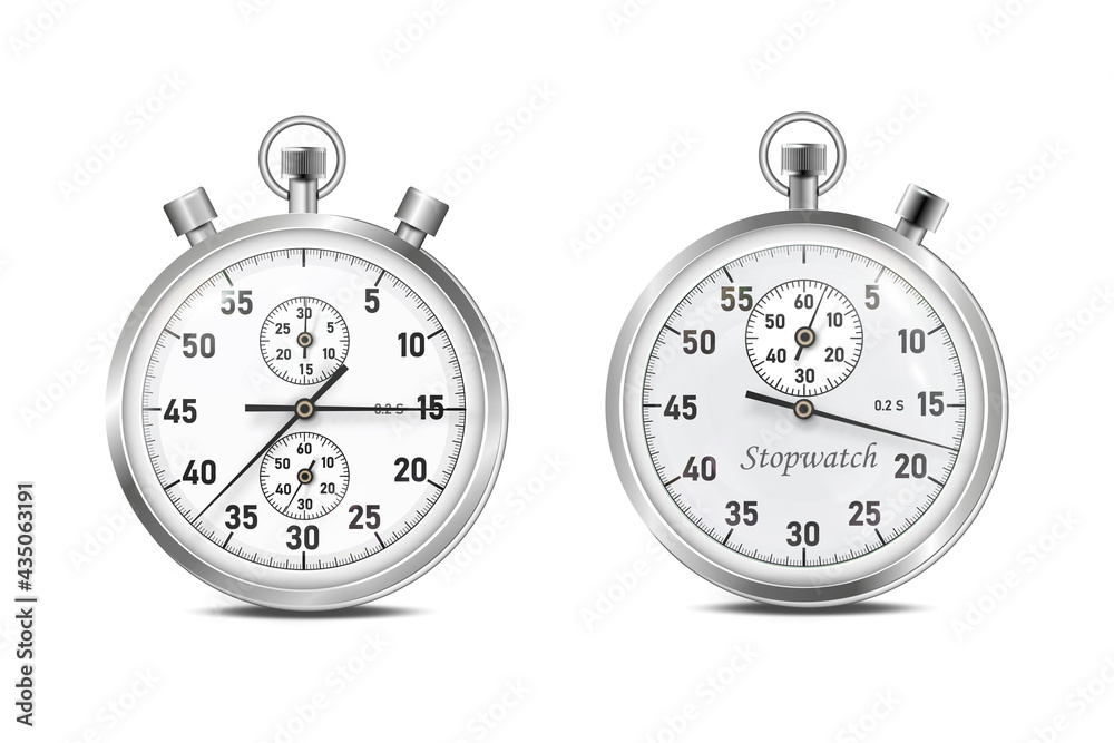 Vector two stopwatches. Classic stopwatch EPS 10 vector. Glass reflections, ground shadow and reflection. Vector two stopwatches. Classic stopwatch EPS 10 vector. Glass reflections, ground shadow and reflection.