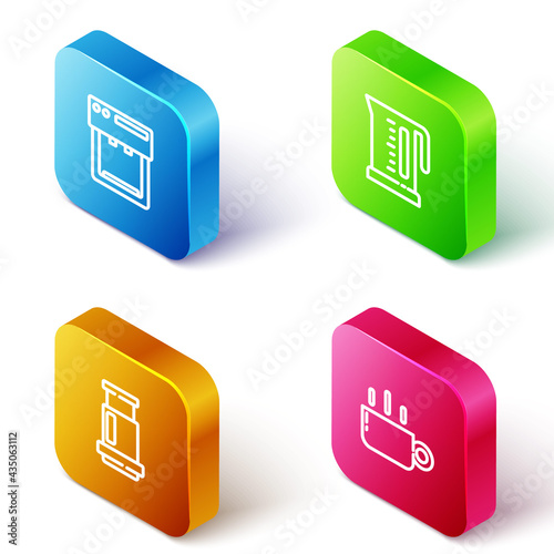 Set Isometric line Coffee machine, Electric kettle, Aeropress coffee and cup icon. Vector