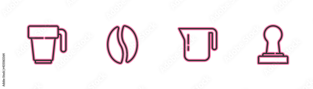 Set line Coffee cup, pot, beans and tamper icon. Vector Set line Coffee cup, pot, beans and tamper icon. Vector