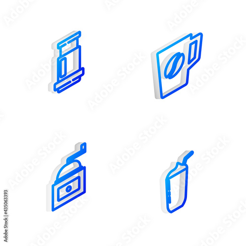 Set Isometric line Coffee cup, Aeropress coffee, Manual grinder and Milkshake icon. Vector