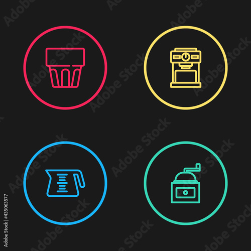 Set line Coffee pot, Manual coffee grinder, machine and Glass with water icon. Vector