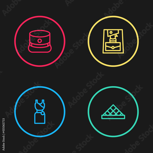Set line Woman dress, Louvre museum, Handbag and Kepi icon. Vector