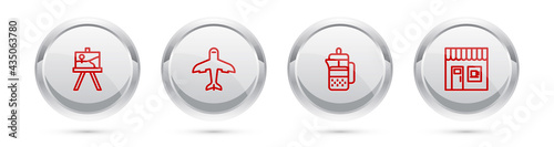 Set line Easel or painting art boards, Plane, French press and Coffee shop. Silver circle button. Vector