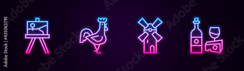 Set line Easel or painting art boards, French rooster, Windmill and Wine bottle with cheese. Glowing neon icon. Vector