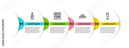 Set line Bottles of wine, Coffee shop, Louvre museum and Wine glass. Business infographic template. Vector