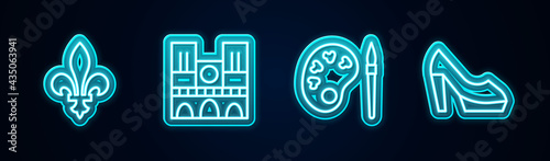Set line Fleur De Lys, Notre Dame, Paint brush with palette and Woman shoe. Glowing neon icon. Vector