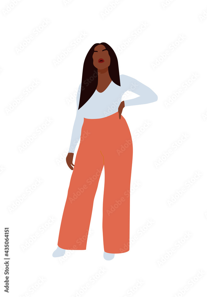 Curvy abstract black woman posing in casual look. Modern plus size female portrait. Trendy vector illustration isolated on white background Curvy abstract black woman posing in casual look. Modern plus size female portrait. Trendy vector illustration isolated on white background