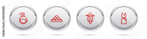Set line Perfume, Louvre museum, Scooter and Woman dress. Silver circle button. Vector