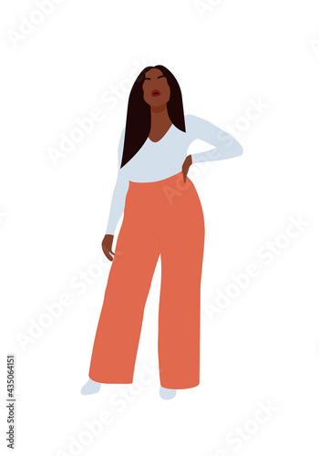 Curvy abstract black woman posing in casual look. Modern plus size female portrait. Trendy vector illustration isolated on white background