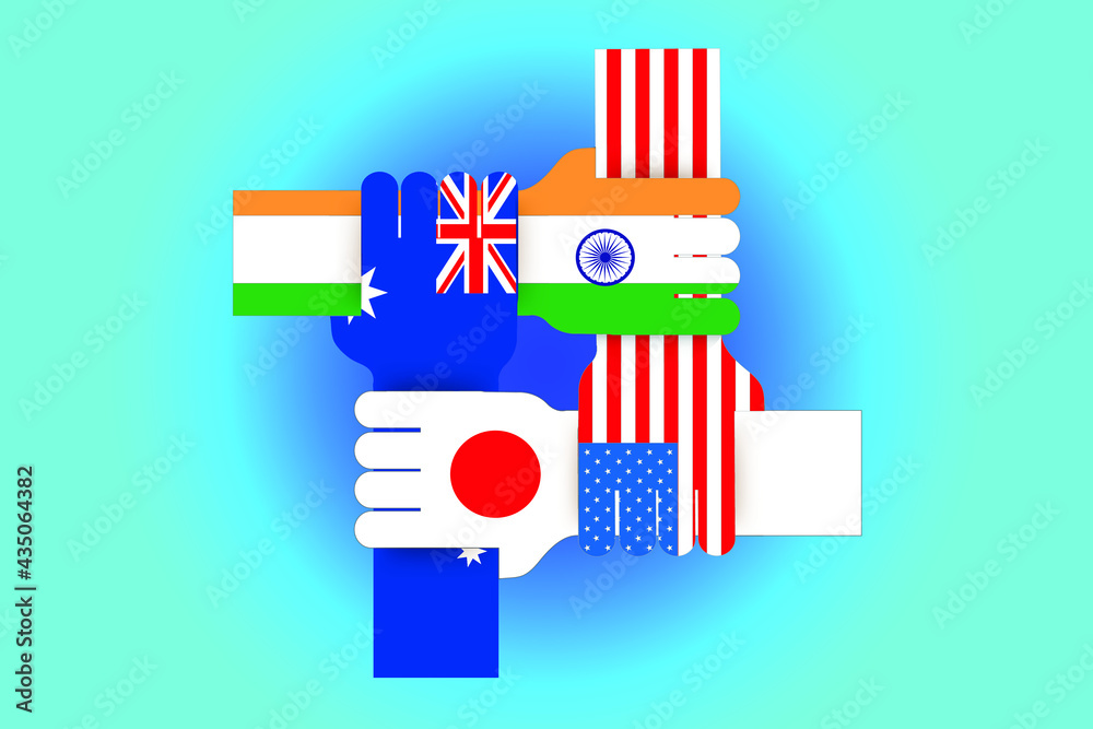 japan,australia,usa and india Quad plus countries flags. hands