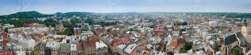 Panoramic view of old european city in Ukarine, top view at Cathedral in Lviv, Cityscape view from City Hall