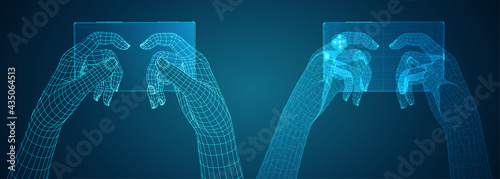 vector mockup with place for text, hands hold phone top view . virtual reality concept