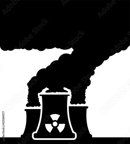 Power plant pipes pollute the sky with waste, black silhouette on white background
