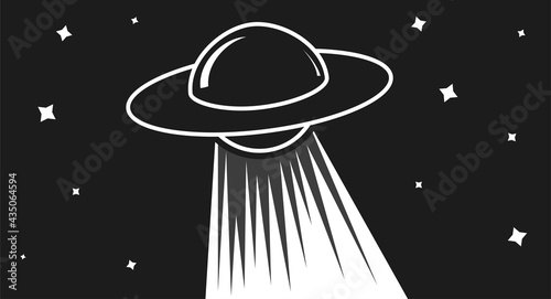 vector ufo saucer on black sky background with stars