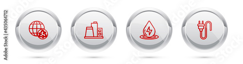 Set line Planet earth and recycling, Factory, Water energy and Electric plug. Silver circle button. Vector