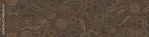 Hand drawn bakery seamless pattern. Horizontal border with food doodles. Vector illustration.