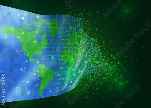 earth protection on vector 3d flag on green background with polygons and data numbers