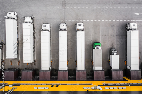 Top view of trucks loading in the distribution hub