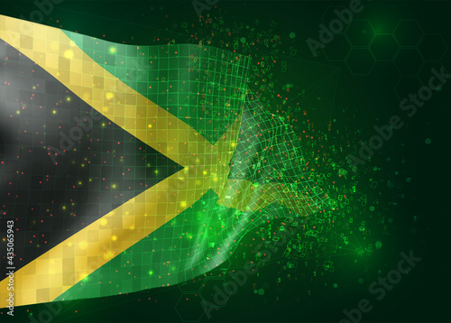Jamaica, on vector 3d flag on green background with polygons and data numbers