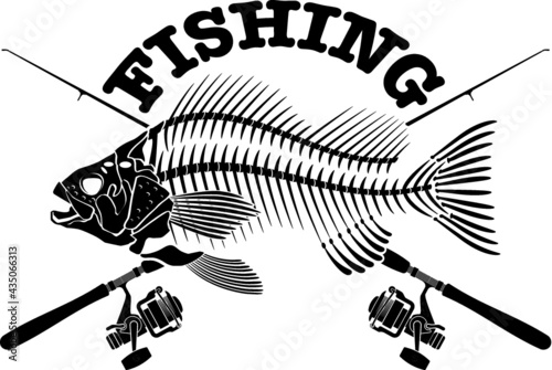 human skull and fish skeleton with crossing fishing rod and reel