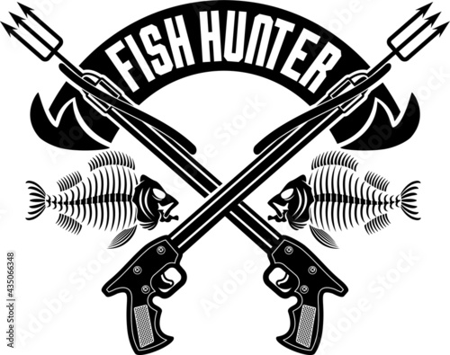 crossed spearguns, banner and skeleton