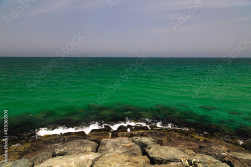 Beach. Blue sea and white sand. Summer time. Seacost