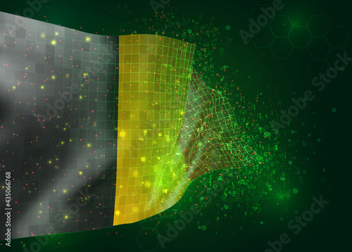 Belgium, on vector 3d flag on green background with polygons and data numbers