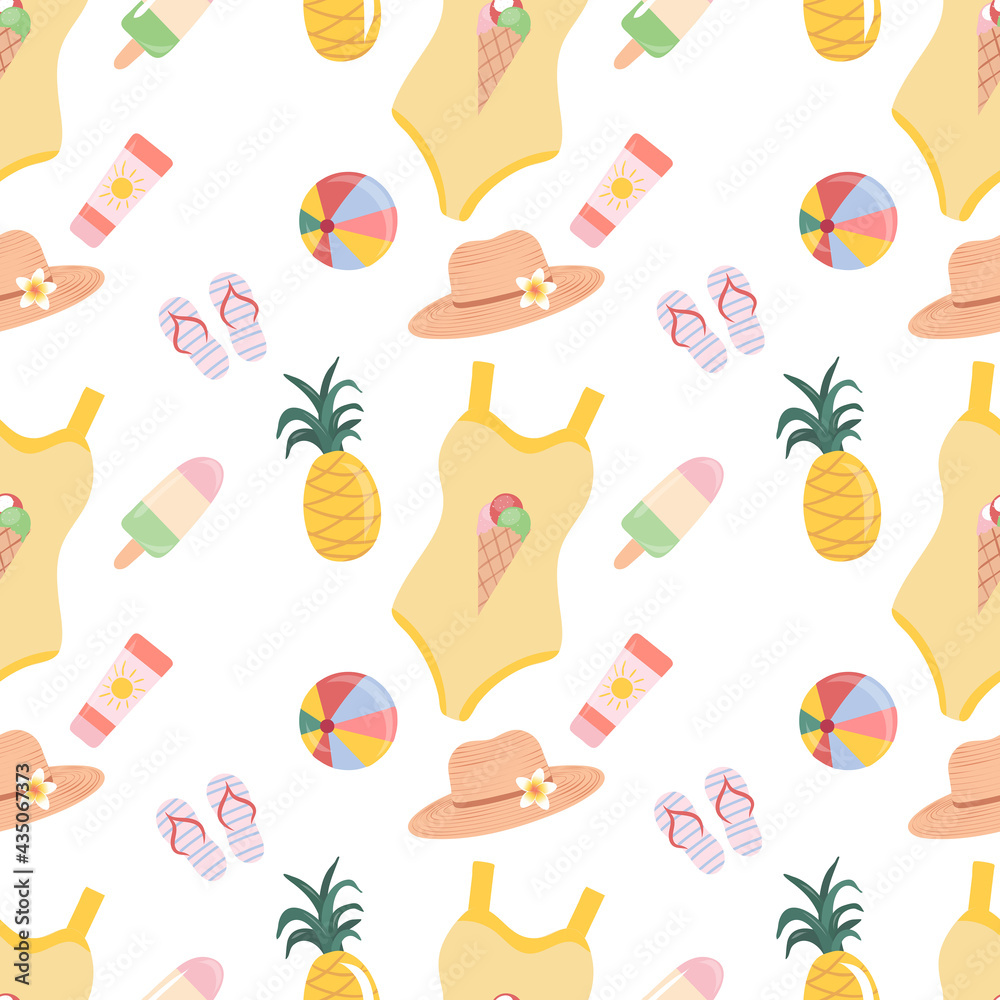 Colorful seamless summer pattern with pineapple, ice cream, swimsuit, flip flops, beach ball, sun hat. Fashion design, wrapping paper, vector illustration