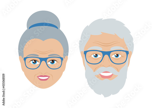 Happy senior man and woman face vector. Senior man with beard, gray hair and blue glasses icon. Senior woman with gray hair and blue glasses icon. Portrait cheerful elderly couple vector