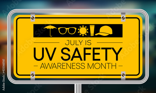 UV safety awareness month is observed every year in July, it is a type of electromagnetic radiation that makes black light posters glow, and is responsible for summer tans and sunburns. Vector art.