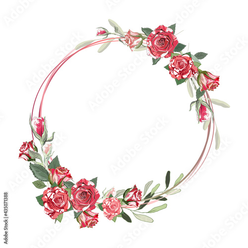 Vector round frame with watercolor red roses. Vintage floral elements. Use for decoration, cards, frames, flyers, banners, invitations, greetings, messages, etc. 
