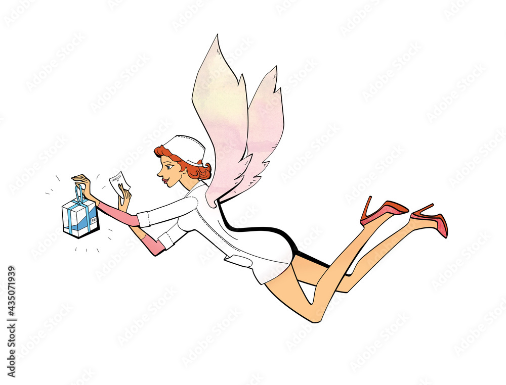 Fototapeta premium Sexy girl pharmacist with angel wings delivers medicines to the house. Illustration, isolated against a white background.