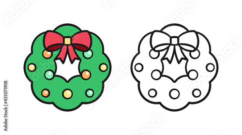 Christmas wreath with bow and round bauble ornaments colored and outline set. Simple flat cartoon clip art element vector illustration. Easy coloring book page activity worksheet for kids