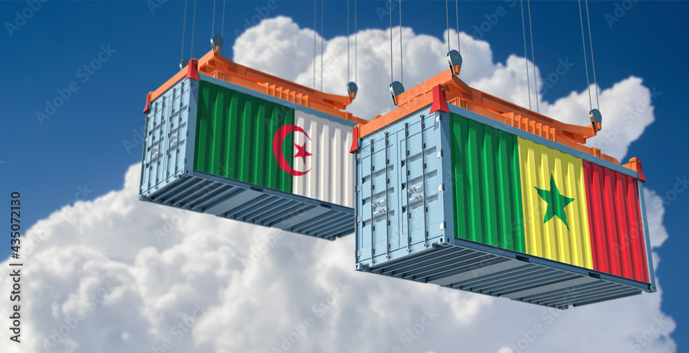 Two freight container with Senegal and Algeria national flag. 3D Rendering