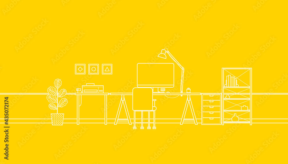 Home working space line art design on yellow background. Vector illustration of room interior concept.