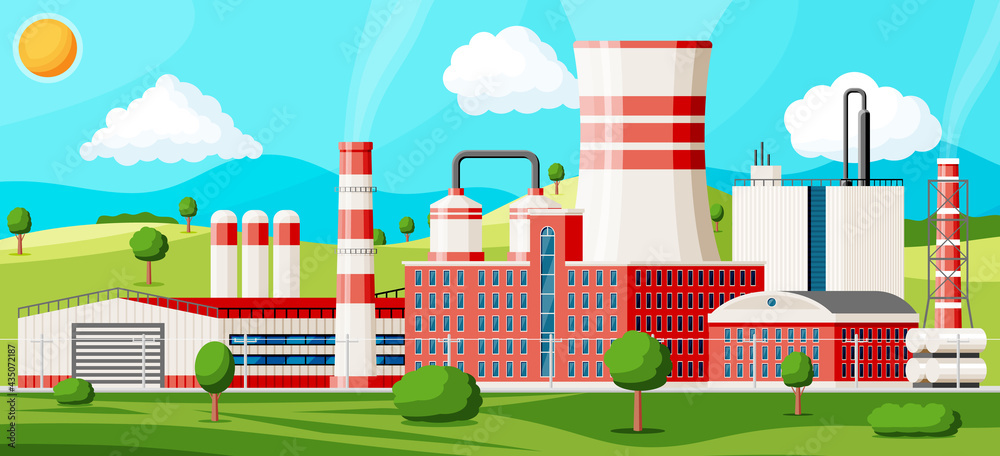 Factory Building With Nature Landscape. Industrial Factory, Power Plant. Pipes, Buildings, Warehouse, Storage Tank. Manufacture Or Processing Facility. Engineering House. Flat Vector Illustration Factory Building With Nature Landscape. Industrial Factory, Power Plant. Pipes, Buildings, Warehouse, Storage Tank. Manufacture Or Processing Facility. Engineering House. Flat Vector Illustration