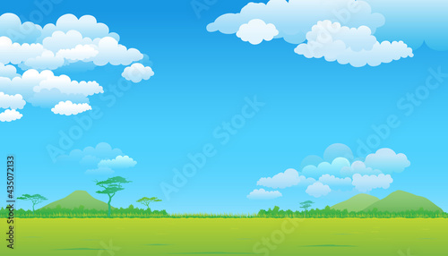 Vector illustration of panorama view with green mountain landscape and blue sky with cloud.