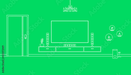 Home theatre room line art design on green background. Vector illustration of room interior concept.