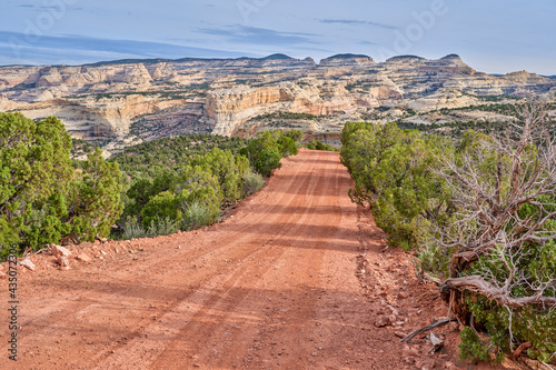 dirt backcountry road, Yampa Bench Road, in the Dinosaur National Monument in north western Colorado, a view towards Yampa River Canyon