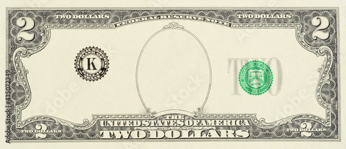 Blank sample of US two dollar banknote with empty middle area, front side. Blank obverse side two dollar bill for design purposes. Mock-up with an empty portrait frame.