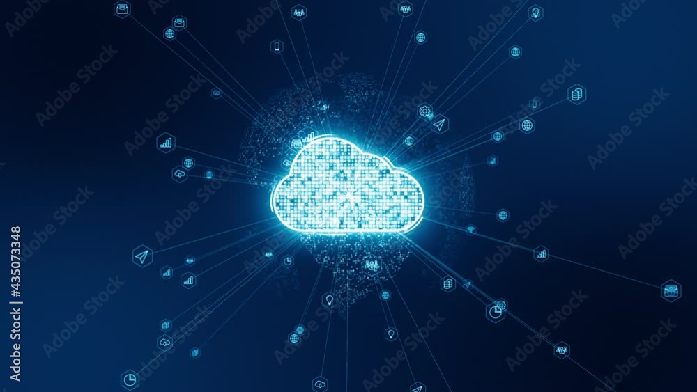 Motion graphic of Blue cloud computing and earth sphere with line connection and data transfer to futuristic technology icon on abstract background seamless loop video