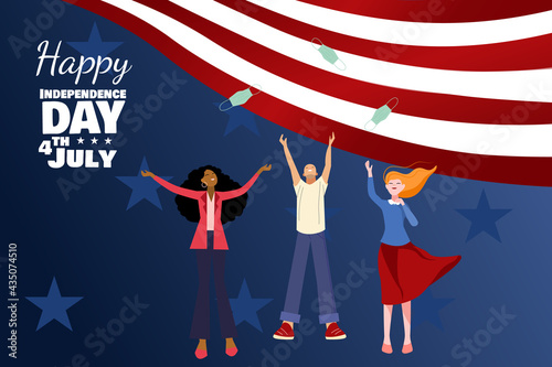 American USA flag with diverse group of people throwing medical face mask.	
