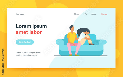 Boyfriend holding shoulder and consoling sad woman. Sofa, family, support flat vector illustration. Depression and melancholy concept for banner, website design or landing web page
