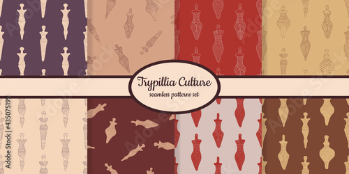 Collection of seamless patterns with ancient ritual anthropomorphic symbol from Cucuteni Trypillia designed for web, fabric, paper and all prints  photo