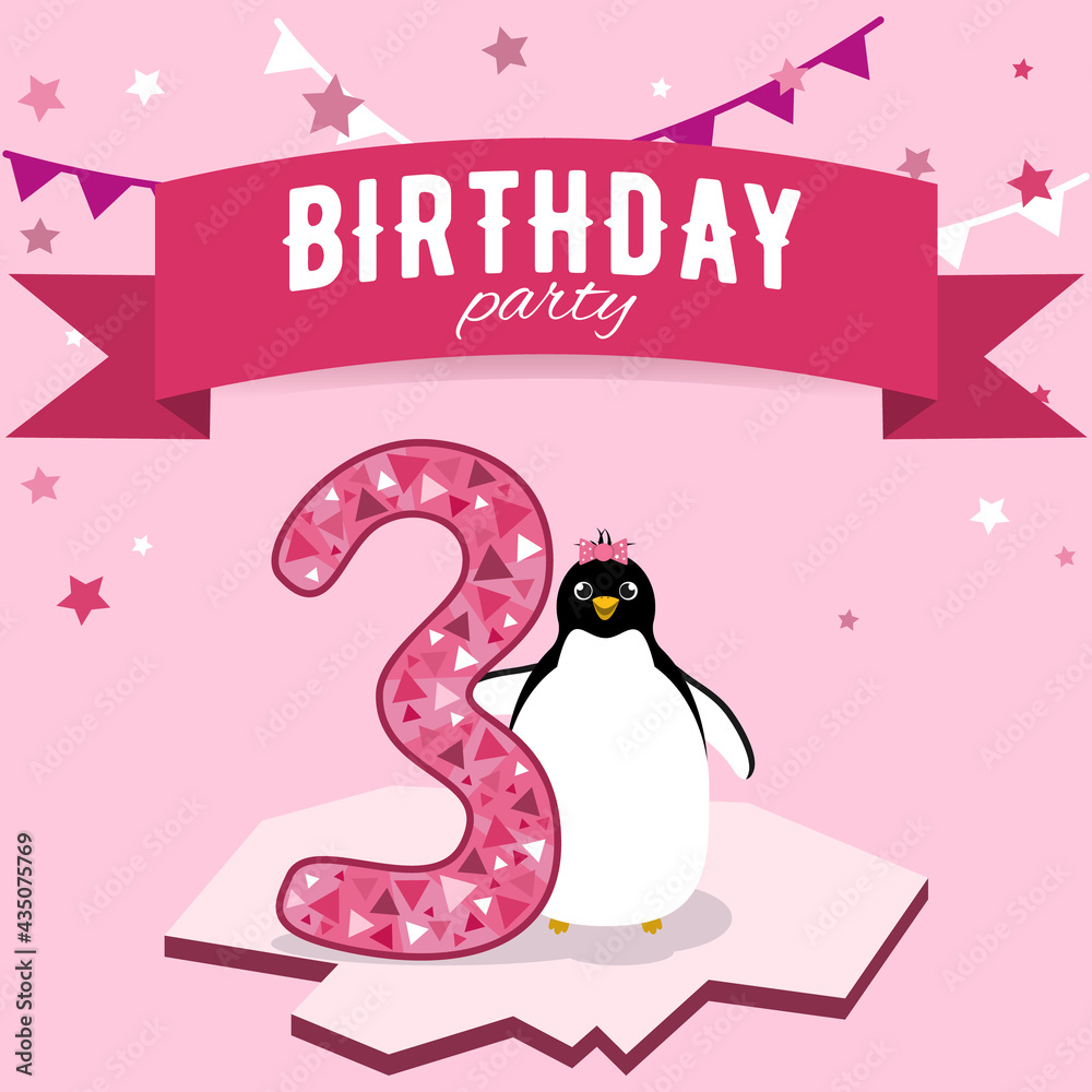 Bright Pink Card For The Girl s Third Birthday With A Penguin And Stars bright-pink-card-for-the-girl-s-third-birthday-with-a-penguin-and-stars