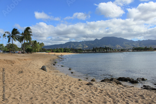 North Shore beach in the Haleiwa area of Oahu, Hawaii, USA- home to some of the best surf spots in winter- here in summer with a sea like a mirror