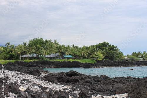 Beautiful palm-lined landscape in the Kealakekua Bay, Big island, Hawaii, USA - a  snorkeling area surrounded by a beach with black volcanic stones and white organic stones photo